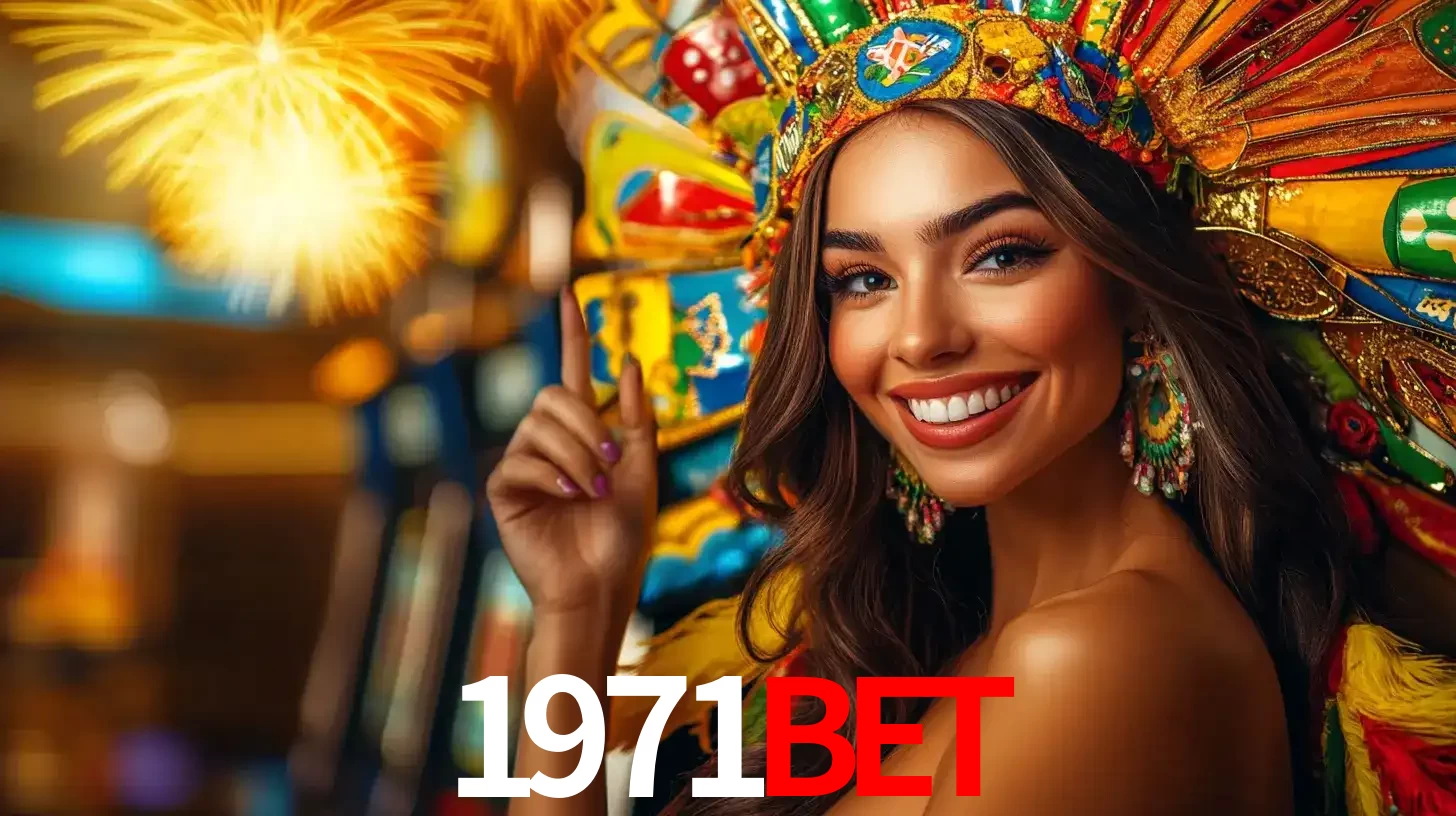 Mulher sorridente com um cocar de carnaval vibrante e colorido, celebrando uma grande vitória nos jogos do cassino 1971bet com fogos de artifício ao fundo.