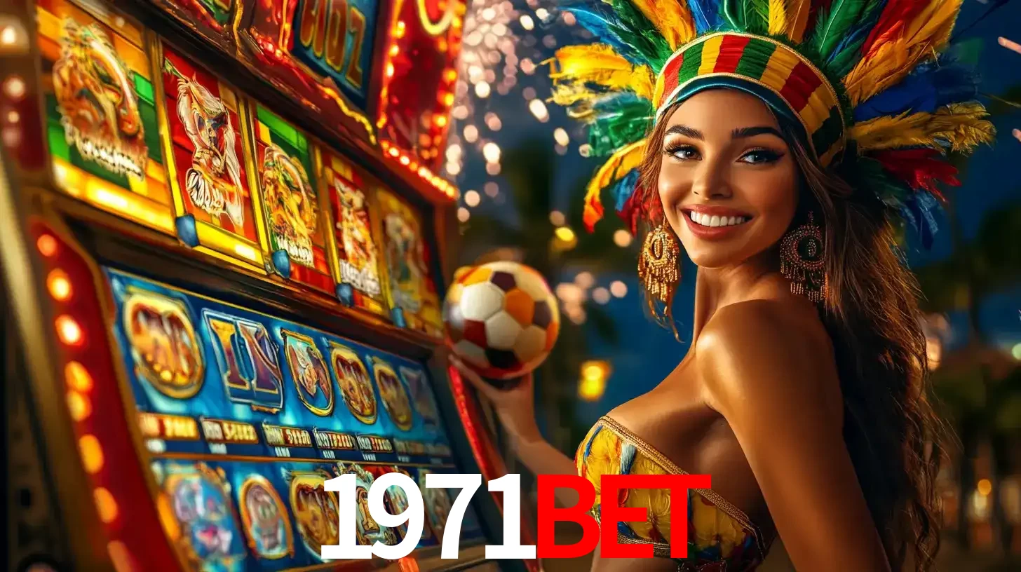 Mulher com um cocar de carnaval ao lado de uma máquina de caça-níqueis enquanto segura uma bola de futebol, mostrando a união da diversão de cassino e esportes no 1971bet.