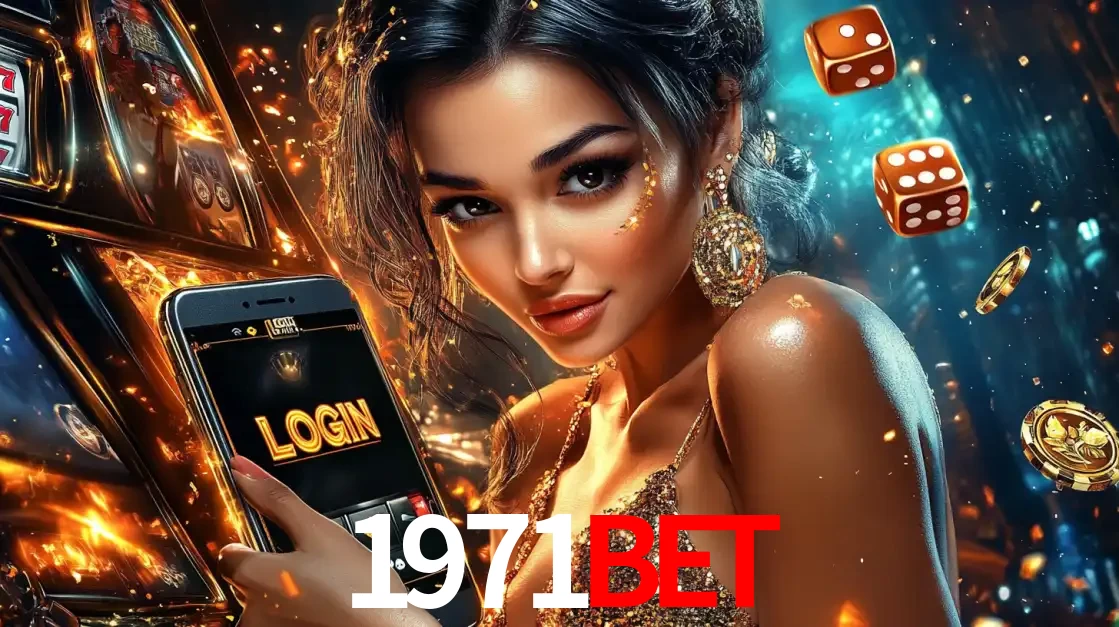 Mulher glamourosa segurando um celular com a tela de login do cassino 1971bet, rodeada por dados e moedas douradas, pronta para começar a diversão.