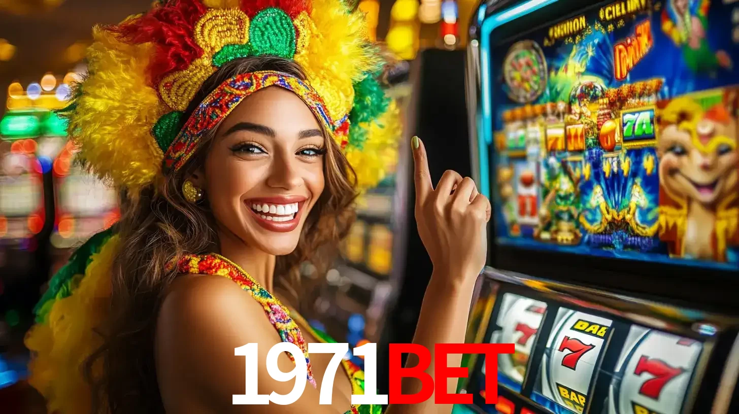 Mulher animada com um cocar de carnaval apontando para uma máquina de caça-níqueis, mostrando a emoção de ganhar um grande prêmio nos jogos do 1971bet.
