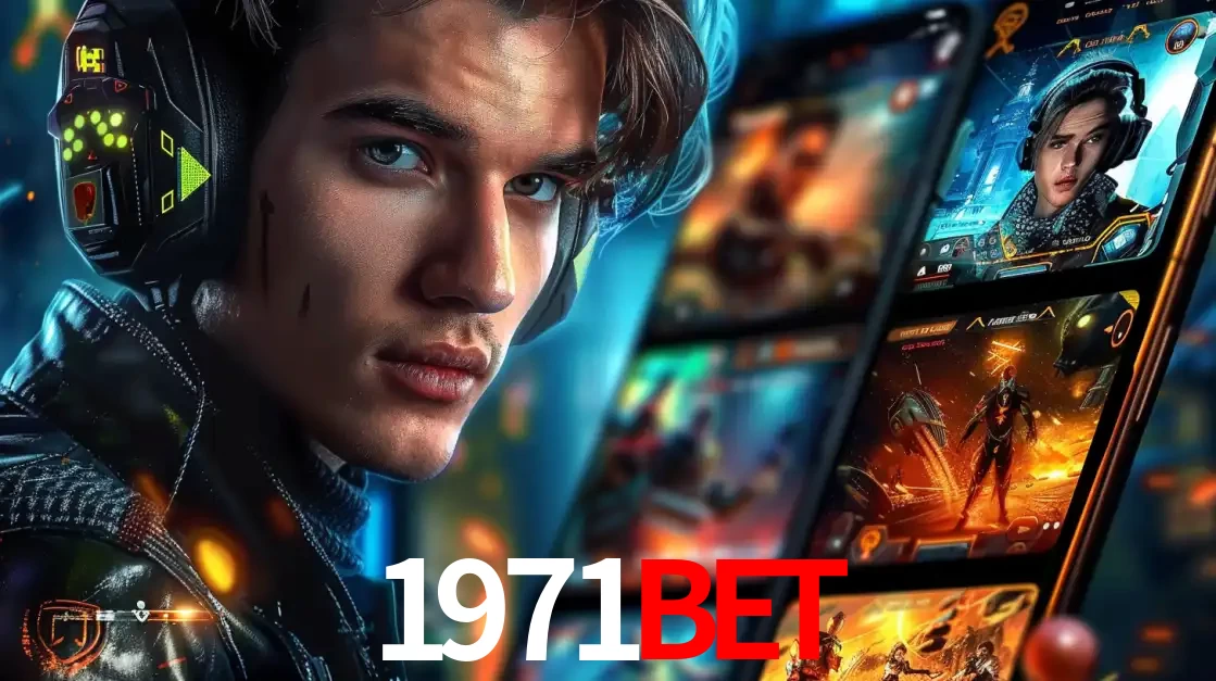 Jovem jogador com fones de ouvido olhando para a câmera, com um aplicativo de jogos e e-sports para celular ao fundo, pronto para a competição e apostas no 1971bet.