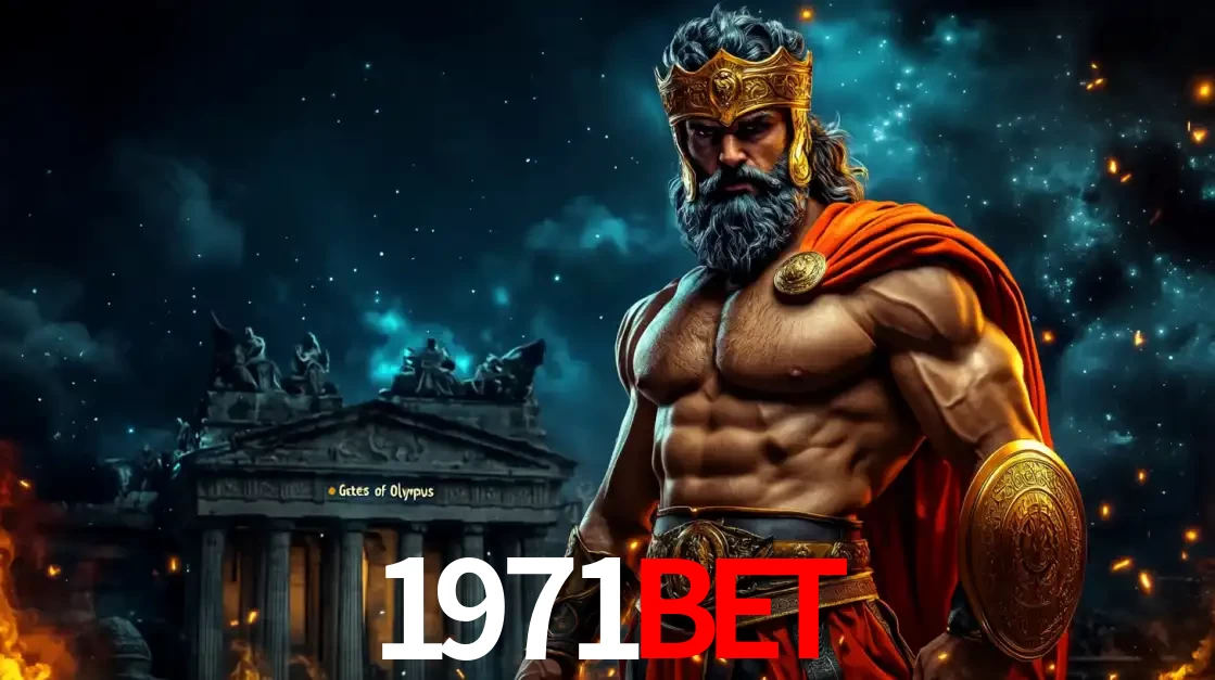 O poderoso Zeus do jogo de slot Gates of Olympus em frente ao seu templo, pronto para lançar multiplicadores divinos e prêmios épicos no cassino online 1971bet.