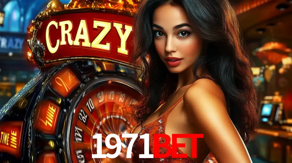 Mulher glamourosa olhando para a câmera com a roda vermelha do Crazy Time ao fundo em um ambiente de cassino, destacando a emoção dos jogos ao vivo no 1971bet.