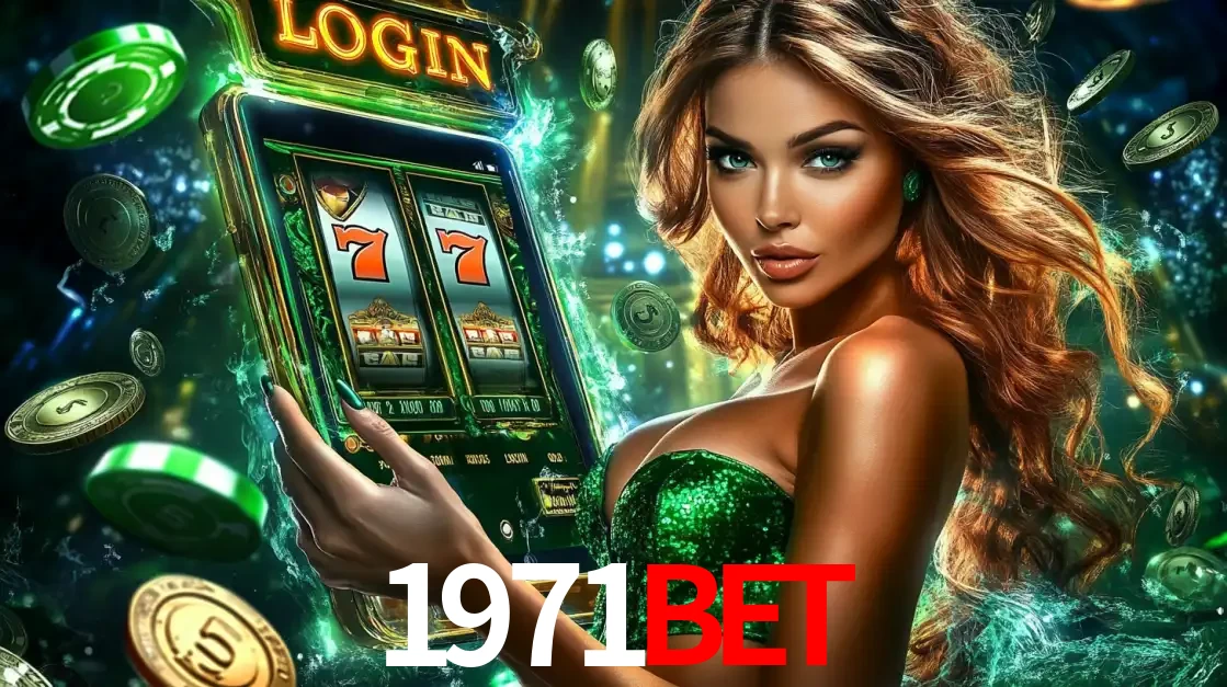 Mulher com tema verde apresentando o aplicativo do cassino 1971bet com um jogo de slot de 777, cercada por fichas de cassino e uma aura de sorte.