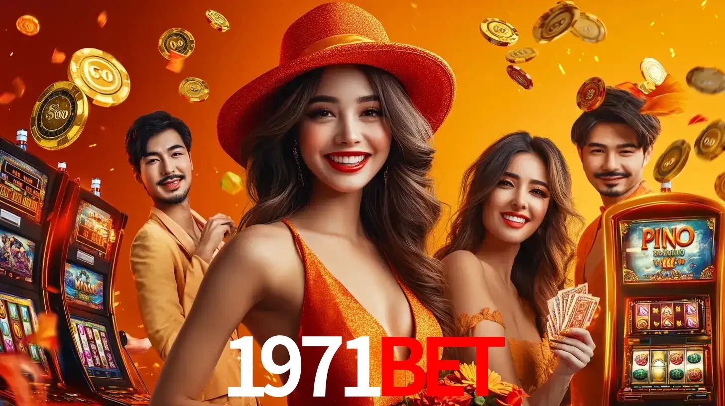 Grupo de amigos asiáticos sorrindo e se divertindo com máquinas de caça-níqueis em um ambiente festivo, celebrando suas vitórias nos jogos de cassino do 1971bet.