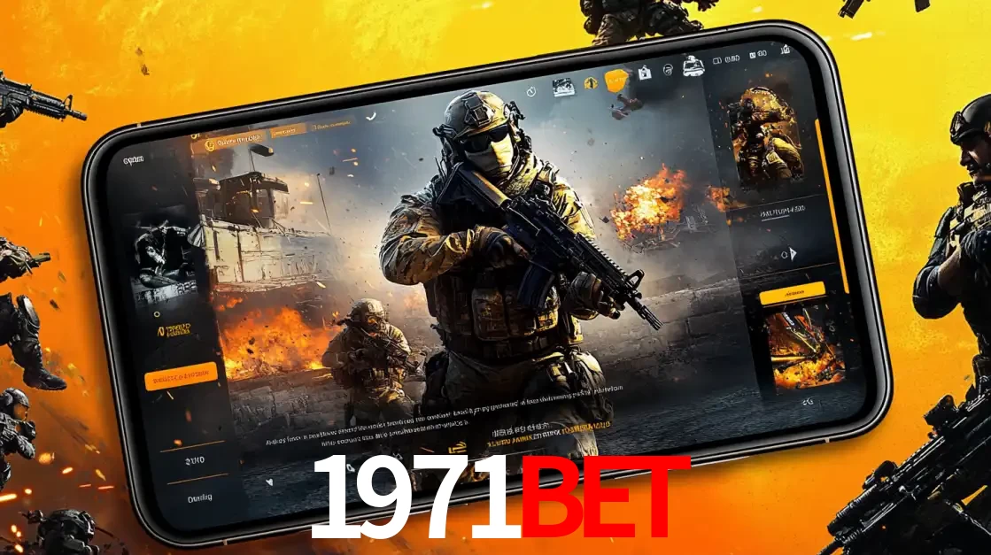 Um smartphone exibindo a interface de um jogo de tiro em primeira pessoa, com um soldado em um cenário de batalha, representando a ação dos e-sports para apostar no 1971bet.