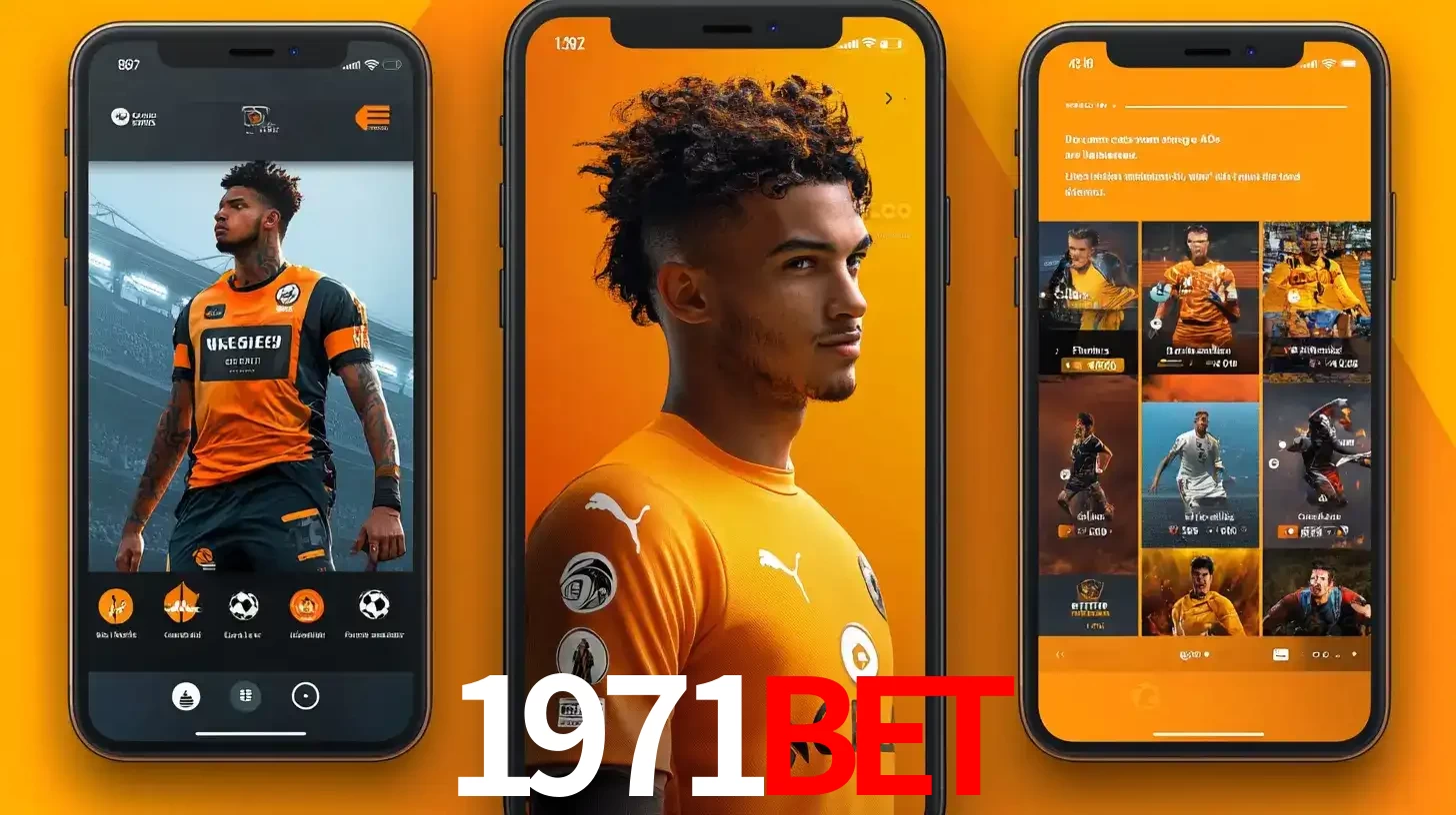 Interface do aplicativo de apostas esportivas 1971bet em três telas de celular, mostrando o perfil de um jogador de futebol e a lista de jogos disponíveis para apostar.