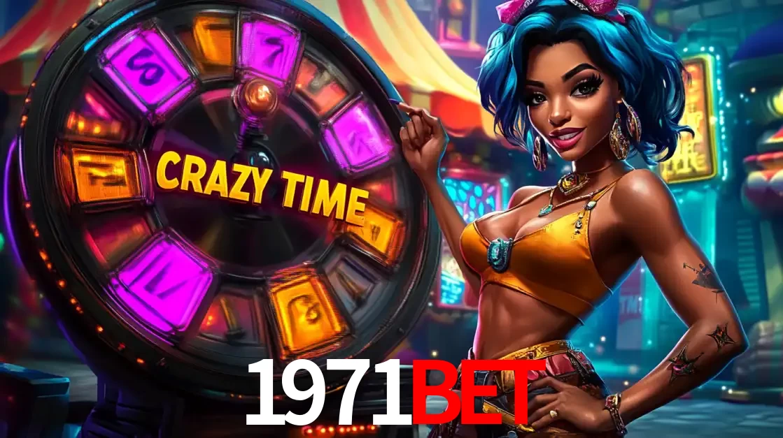 Mulher estilizada com cabelo azul e visual vibrante posando ao lado da roda de prêmios do game show Crazy Time, convidando para a diversão e os bônus do cassino 1971bet.