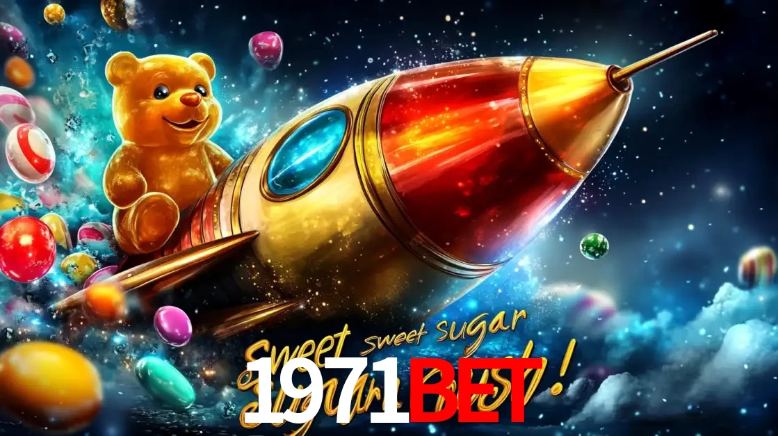 Arte promocional do jogo de slot Sugar Rush, com um urso de pelúcia em um foguete viajando pelo espaço de doces, um dos jogos divertidos disponíveis no cassino 1971bet.