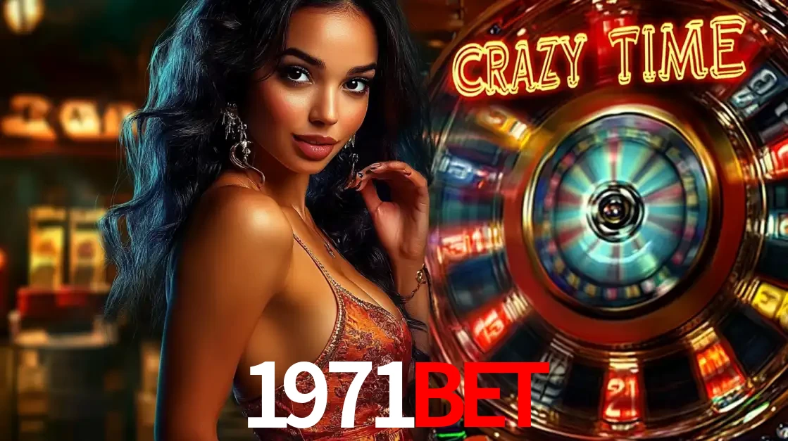 Mulher elegante ao lado da vibrante roda da fortuna do jogo de cassino ao vivo Crazy Time, um dos game shows mais populares e cheios de prêmios do 1971bet.