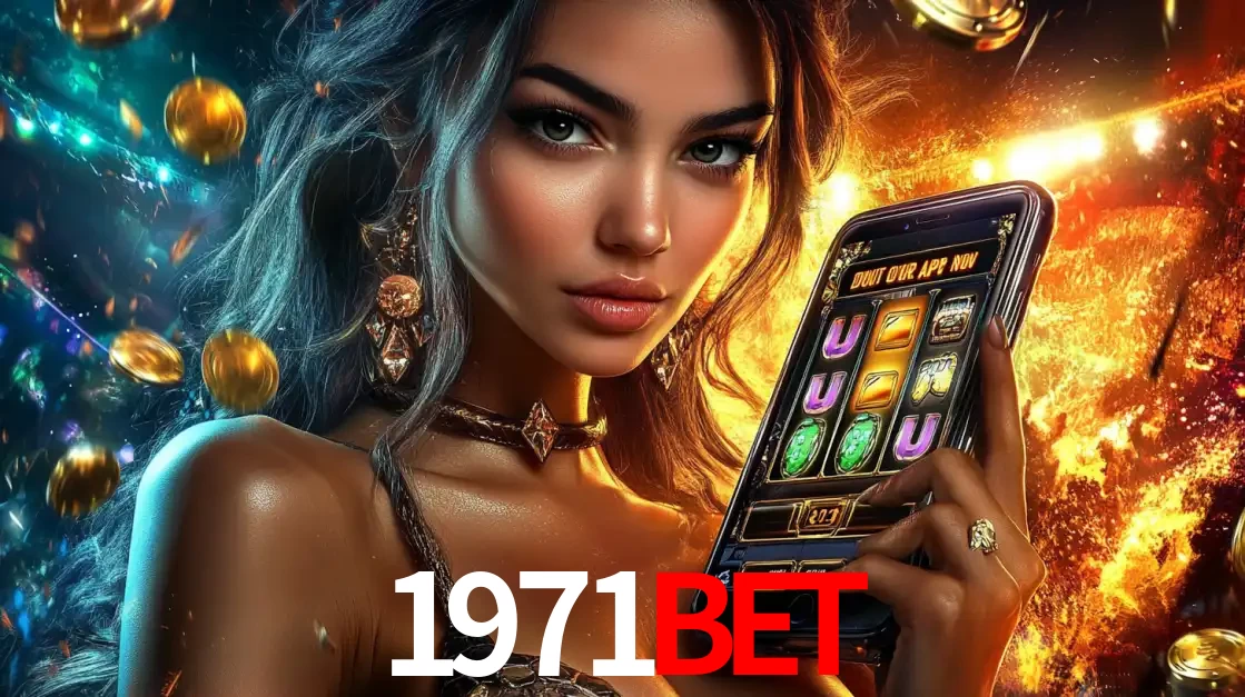 Mulher elegante mostrando um jogo de caça-níqueis em seu smartphone, destacando a experiência de cassino móvel oferecida pelo aplicativo 1971bet.