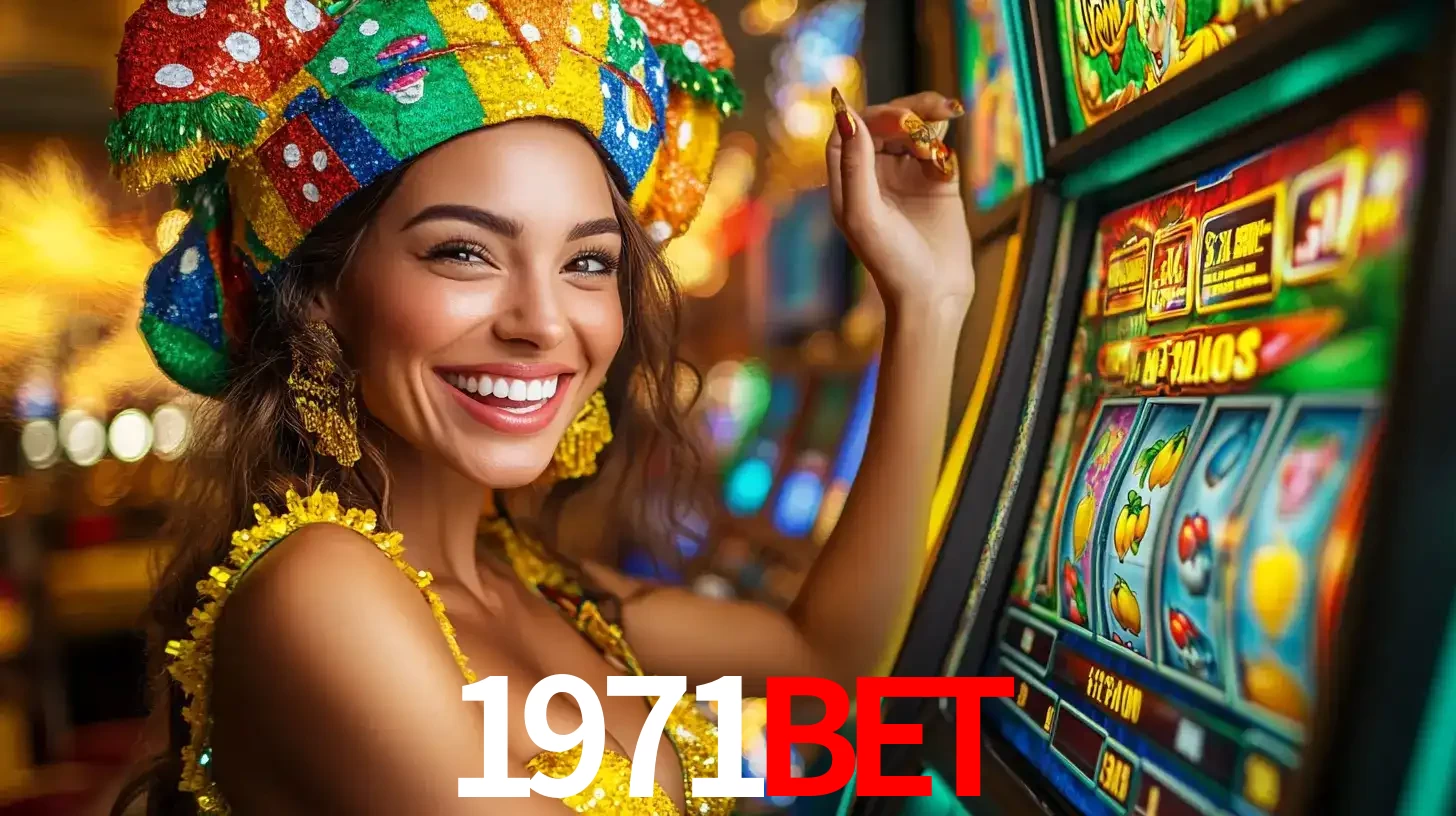 Mulher feliz com traje de carnaval amarelo e colorido ao lado de uma máquina de caça-níqueis, aproveitando a diversão e os jogos temáticos do cassino 1971bet.
