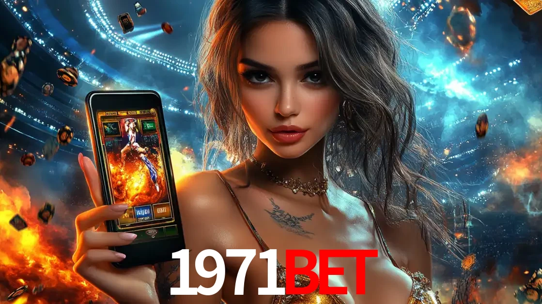 Mulher segurando um celular com um jogo de slot em destaque, tendo como fundo um estádio vibrante, simbolizando a emoção de jogar no cassino móvel 1971bet.