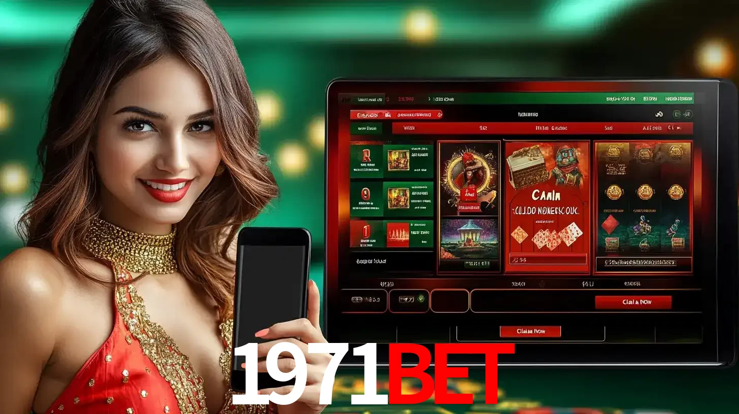 Mulher sorridente segurando um smartphone, ao lado de uma tela exibindo o lobby de jogos do cassino online 1971bet, com várias opções de jogos de cartas e slots.
